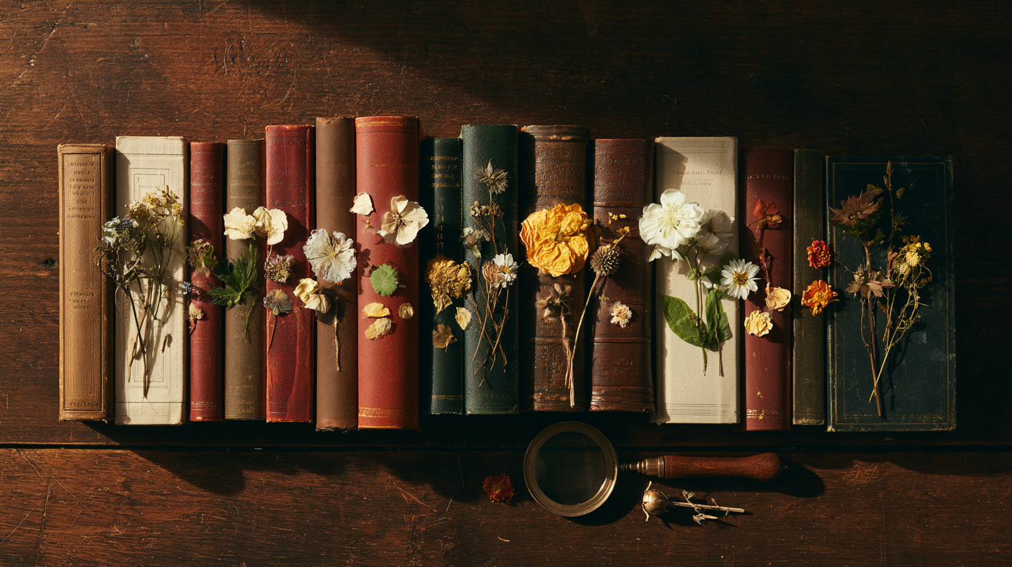 A stack of botanical books with flowers pressed between pages