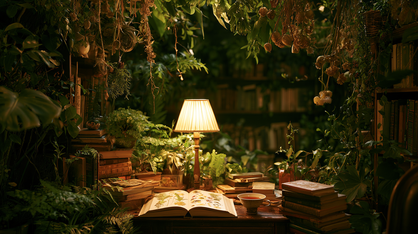 A quiet reading nook with botanical objects