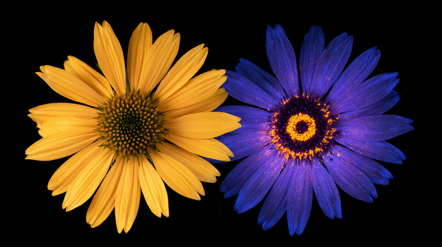 Flowers photographed in ultraviolet light, revealing hidden patterns