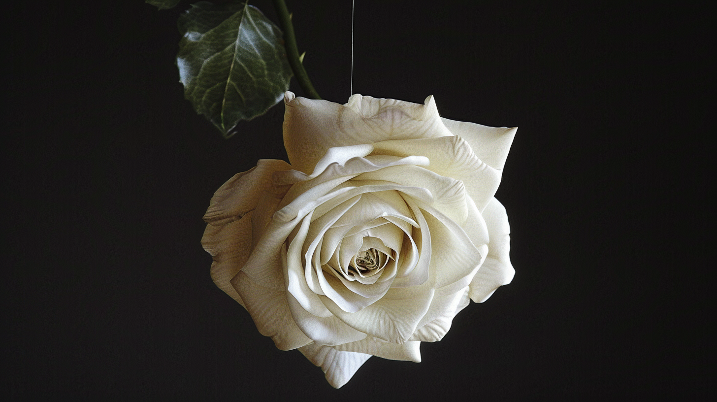 A white rose suspended in darkness