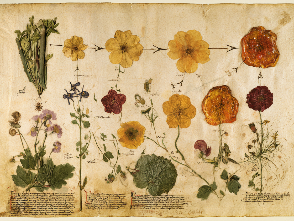 A herbarium process diagram with three illustrations connected by arrows reading left to right: a living botanical specimen, then the same specimen pressed and dried, then an amber resin disc — the received reading of botanical transmutation