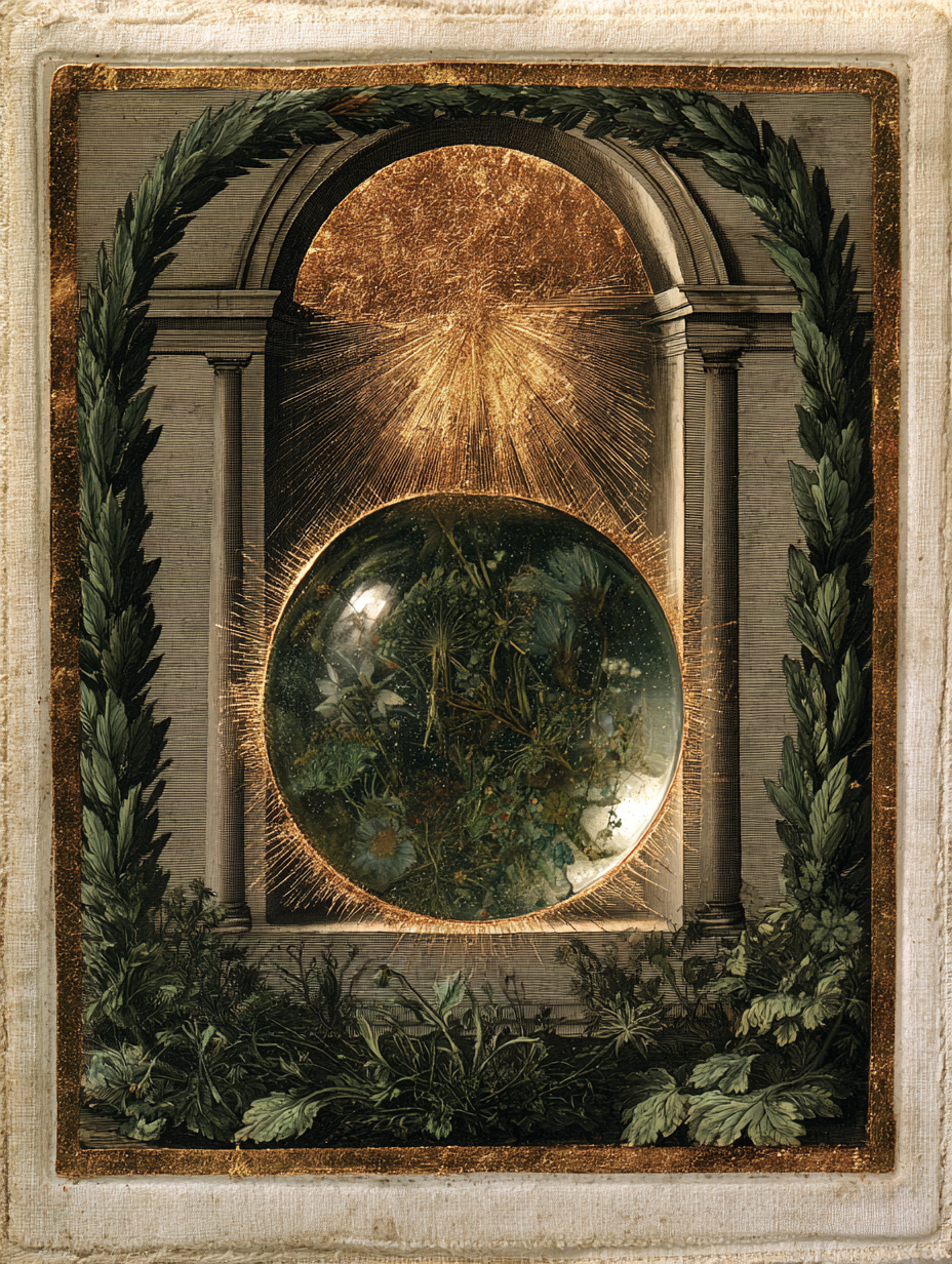 A gold-rimmed oval containing a pure gold burst — the philosopher's stone, the culmination of the Great Work, rendered in botanical gold: not mineral, but the gold that was always in the living material