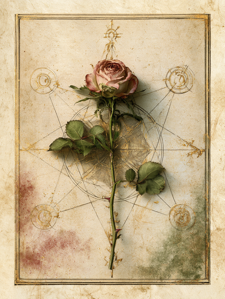 An antique botanical plate: a pink rose centered on a four-pointed star diagram, surrounded by alchemical symbols and Latin notations — the prima materia, the starting substance, rendered as a flower
