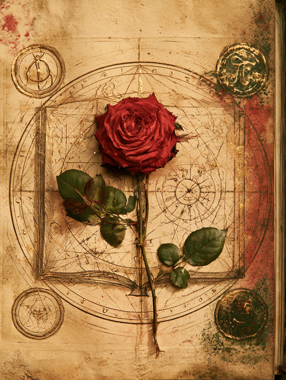 A botanical alchemical plate: a deep crimson rose at center, surrounded by planetary symbols in a ring — Mars, Venus, Saturn, each a glyph marking a stage of the work