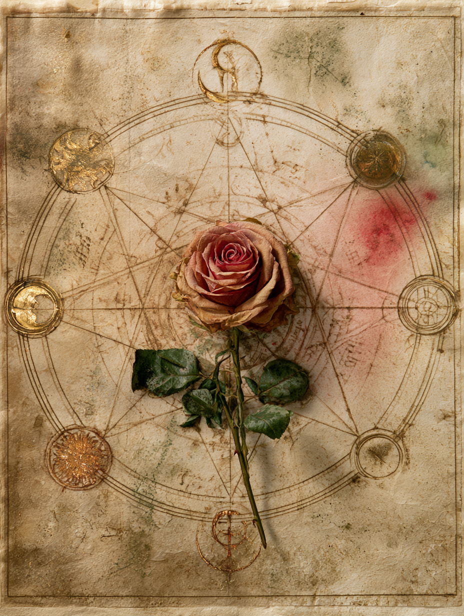 A dusty mauve rose at center of a circular diagram ringed with seven planetary seals — the complete wheel of alchemical correspondences, all beginning from a flower