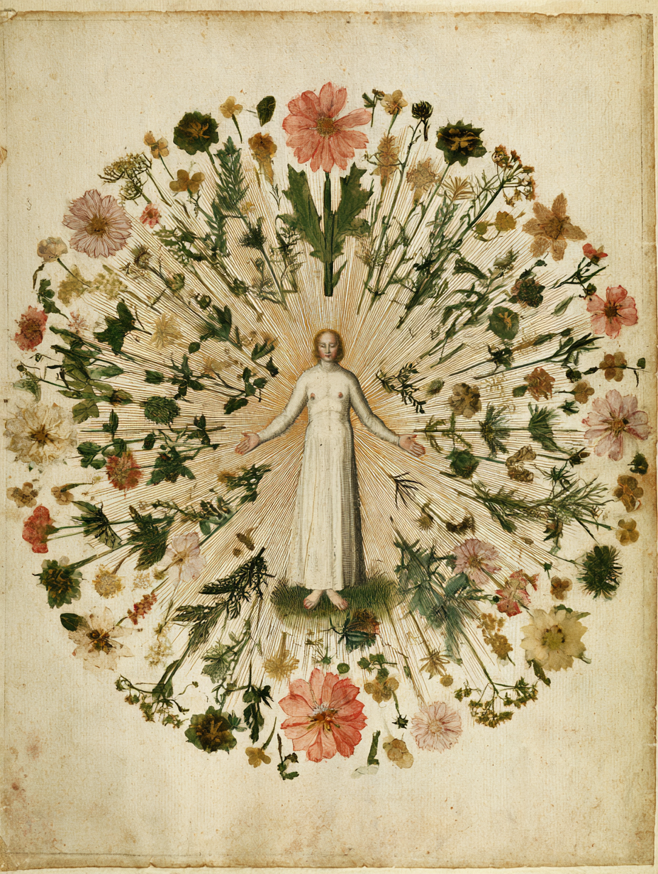 An alchemical mandala plate: a human figure at the center of a circular diagram, petals and botanical elements radiating outward in all directions — not the flower being transmuted, but the person