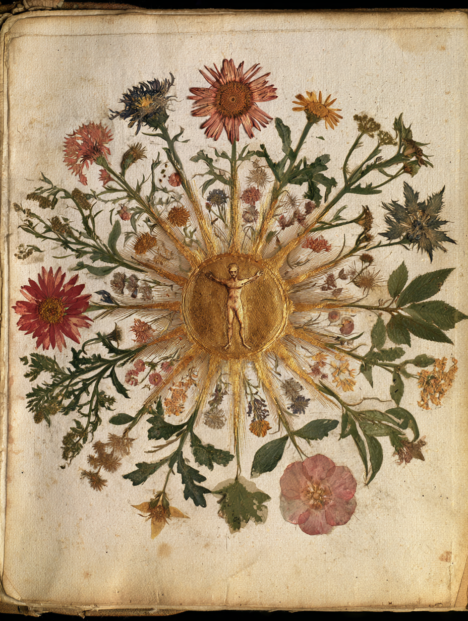 An alchemical mandala plate: a woman in a garden of radiating flowers, her figure at rest at the center of the composition — the garden acting upon her, the bloom reaching outward from where she stands