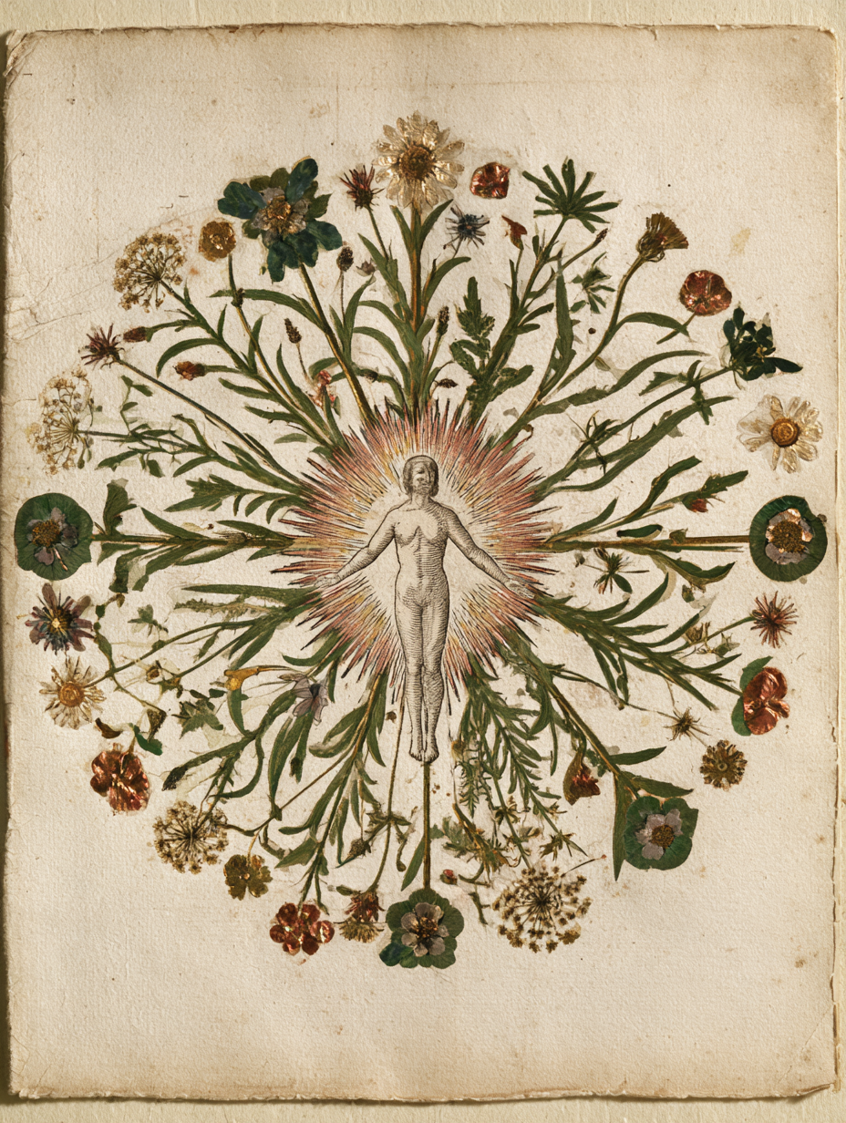 An alchemical mandala plate: a woman with eyes closed at the center of a full flowering circle — her figure still, the flowers radiating from her in every direction, as though she is the source and the result simultaneously