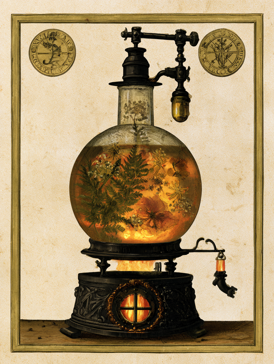 An alchemical illustration: a round glass flask with amber glow at its base, botanical matter pressed inside and illuminated by the heat below — the vessel where the work happens