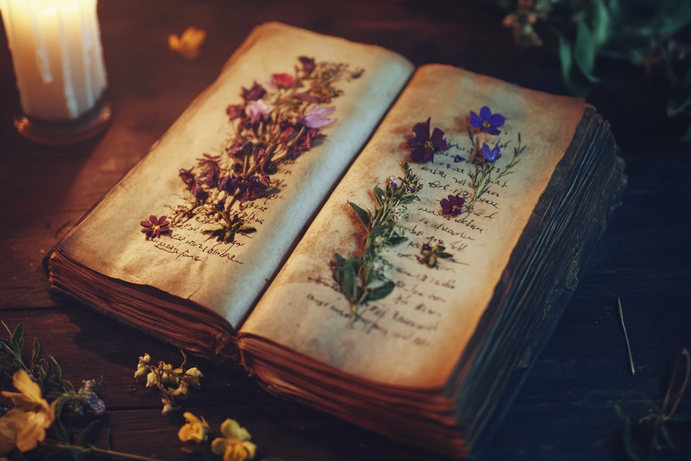 An old herbal grimoire open to pressed flowers by candlelight — the apothecary tradition in ink and petals