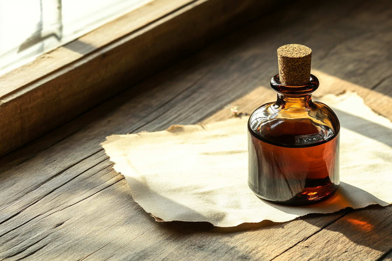 An amber apothecary bottle on parchment in window light
