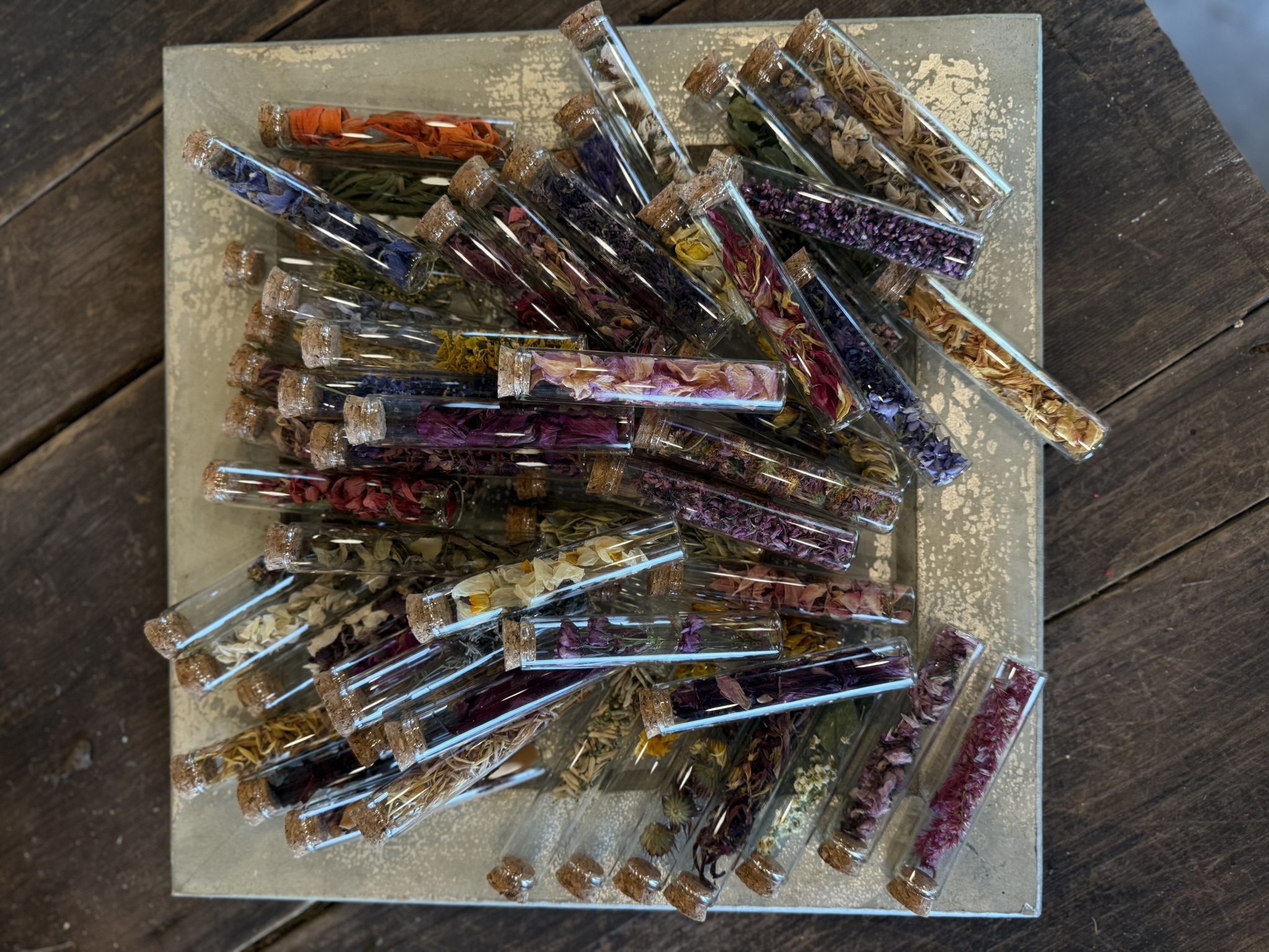 Overhead view of corked vials with pixelated botanical material