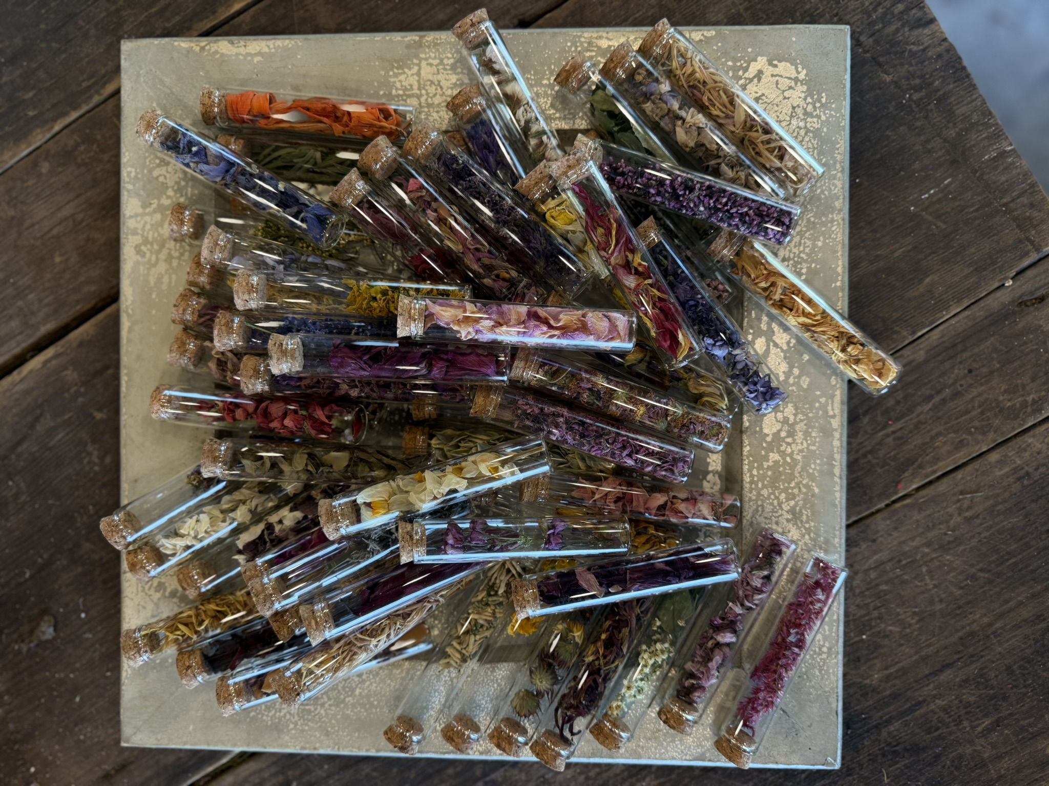 Botanical pixel vials on gilded tray