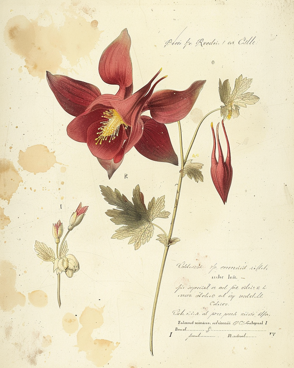 Aquilegia vulgaris — Redouté style botanical illustration, crimson columbine with detail studies