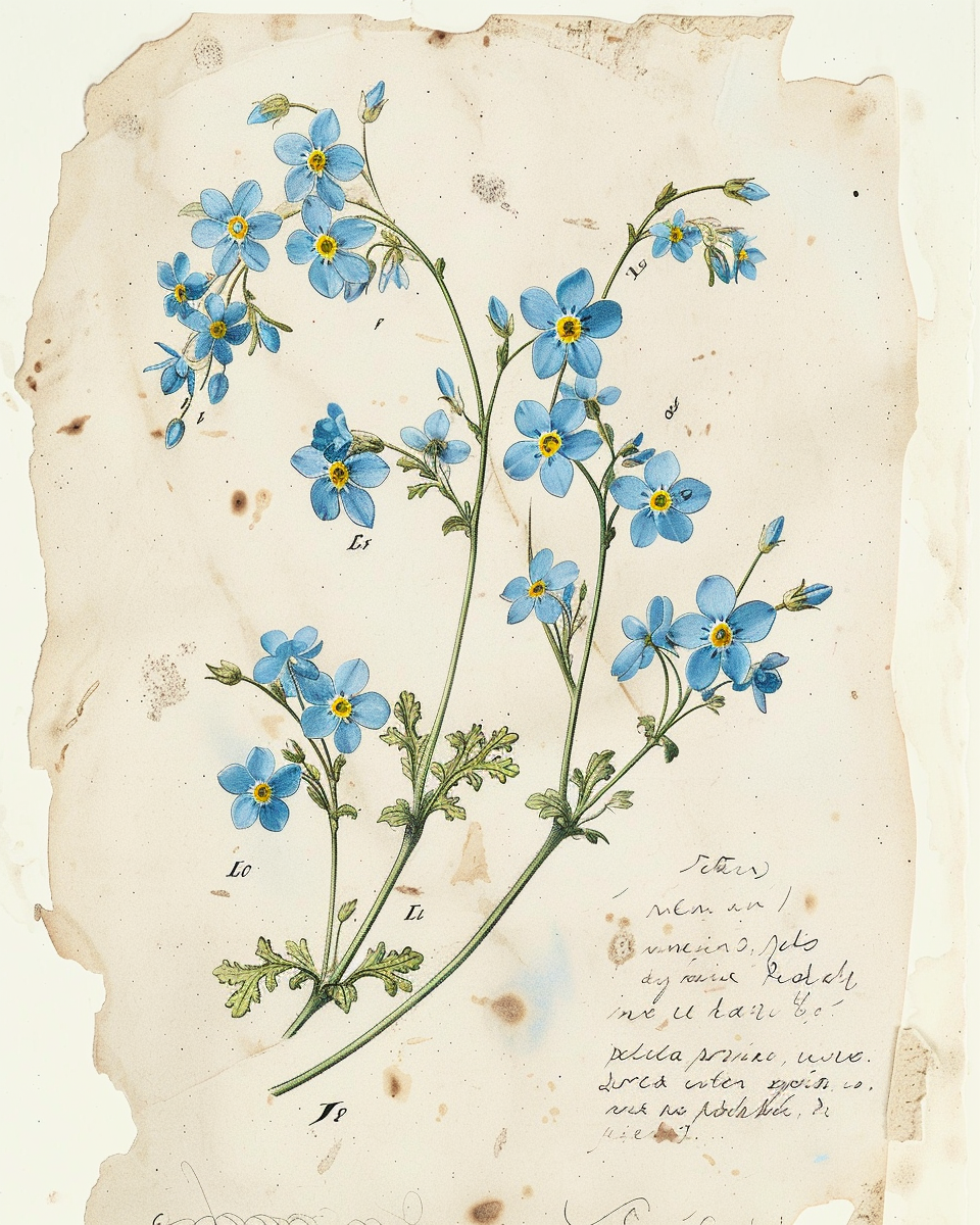 Myosotis — Redouté style botanical illustration, blue forget-me-nots with annotations