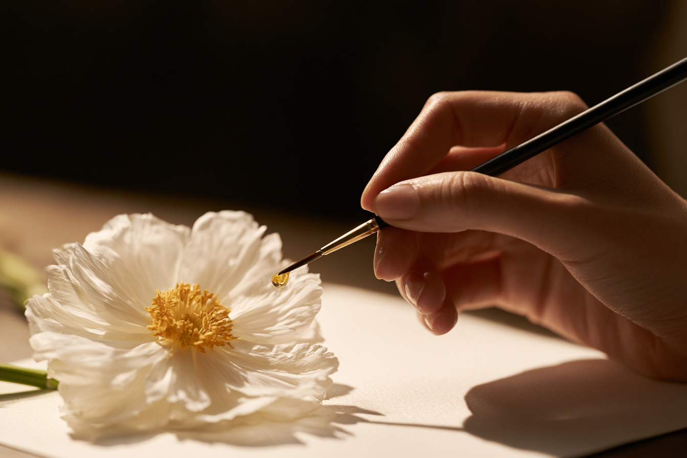 A hand holding botanical illustration tools beside a pressed flower specimen, candlelight