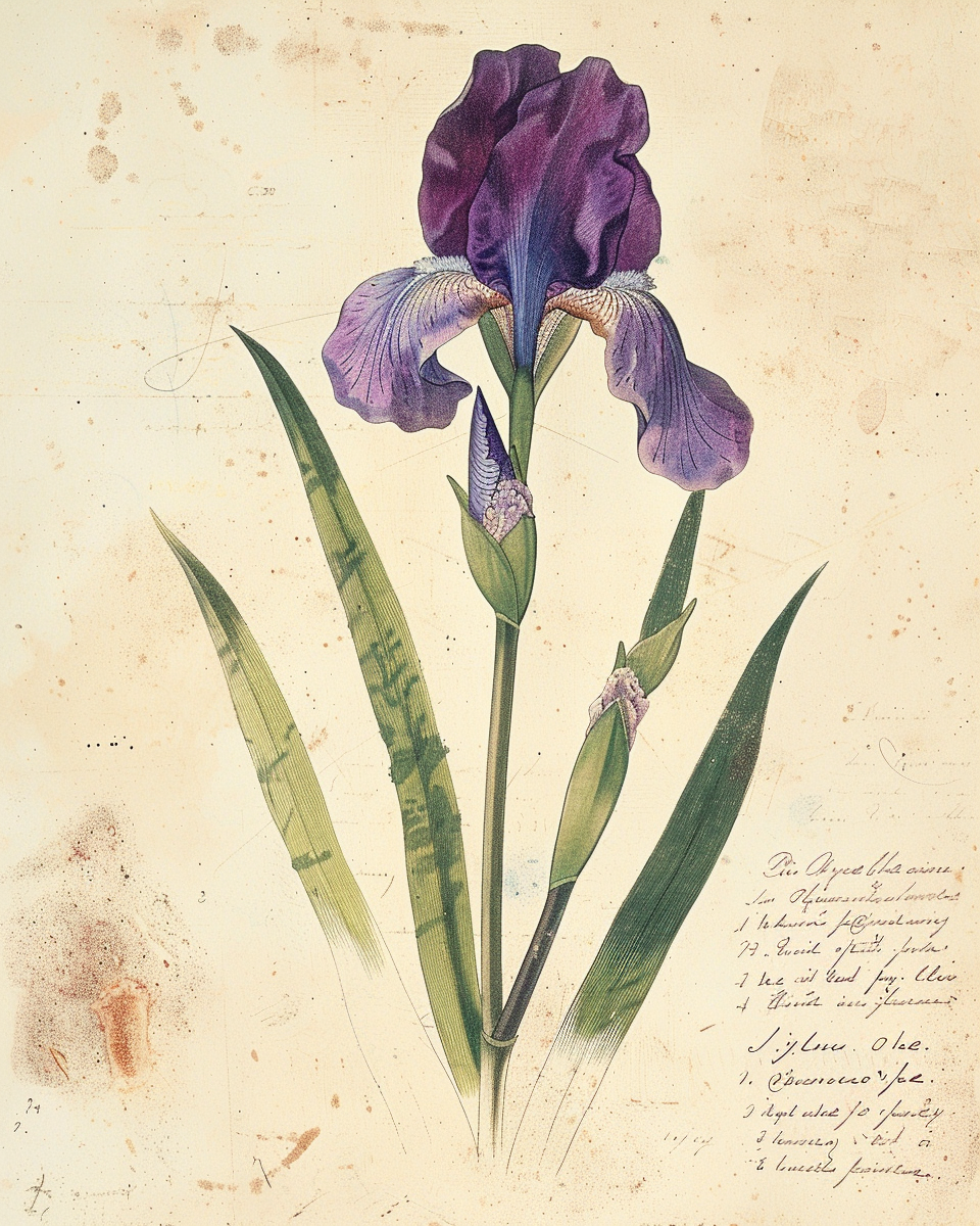 Iris germanica — Redouté style botanical illustration, purple iris with three buds and sword leaves