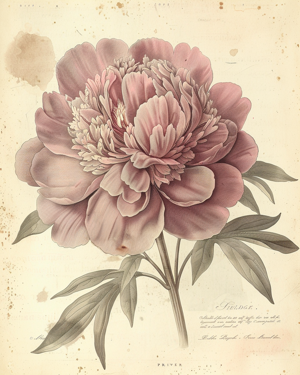 Paeonia officinalis — Redouté style botanical illustration, blowsy pink peony with grey-green leaves