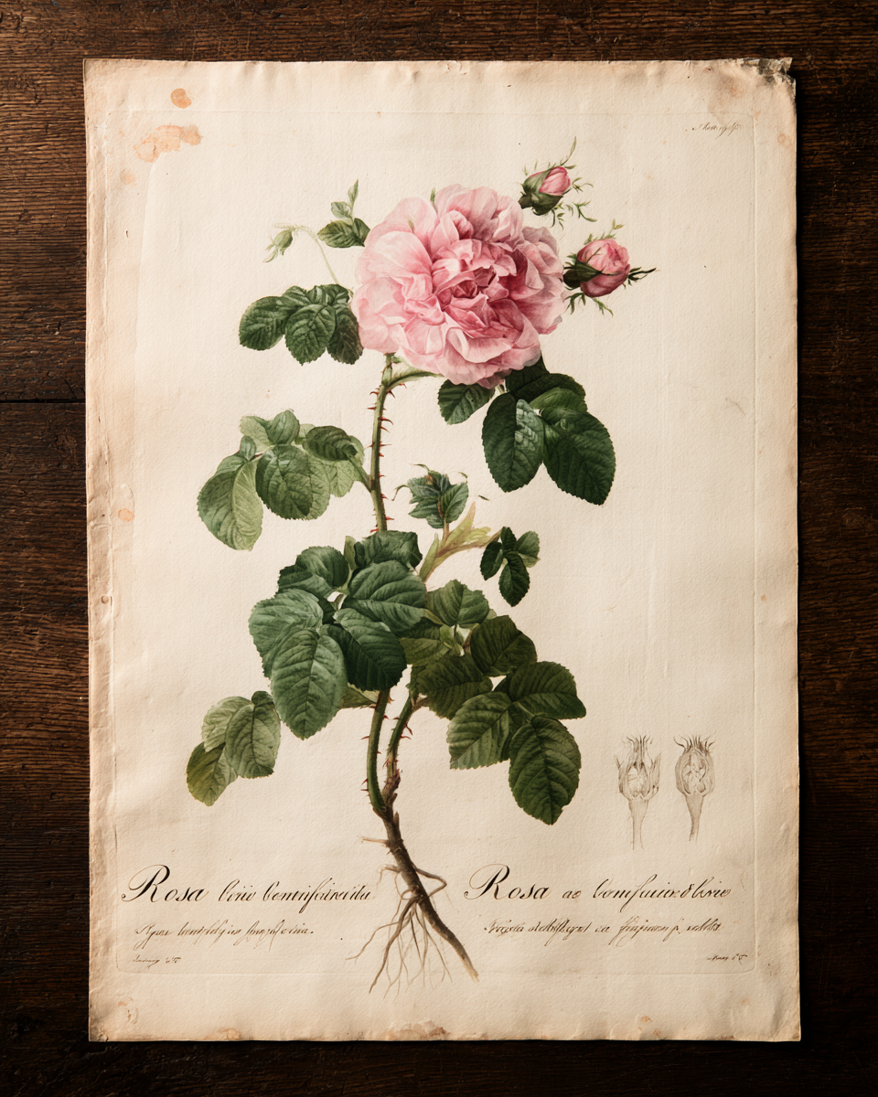 An open antique botanical book with illustrated plates, warm candlelight, dark background