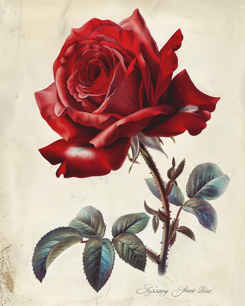 Rosa gallica — Redouté style botanical illustration, red rose with bud and stem