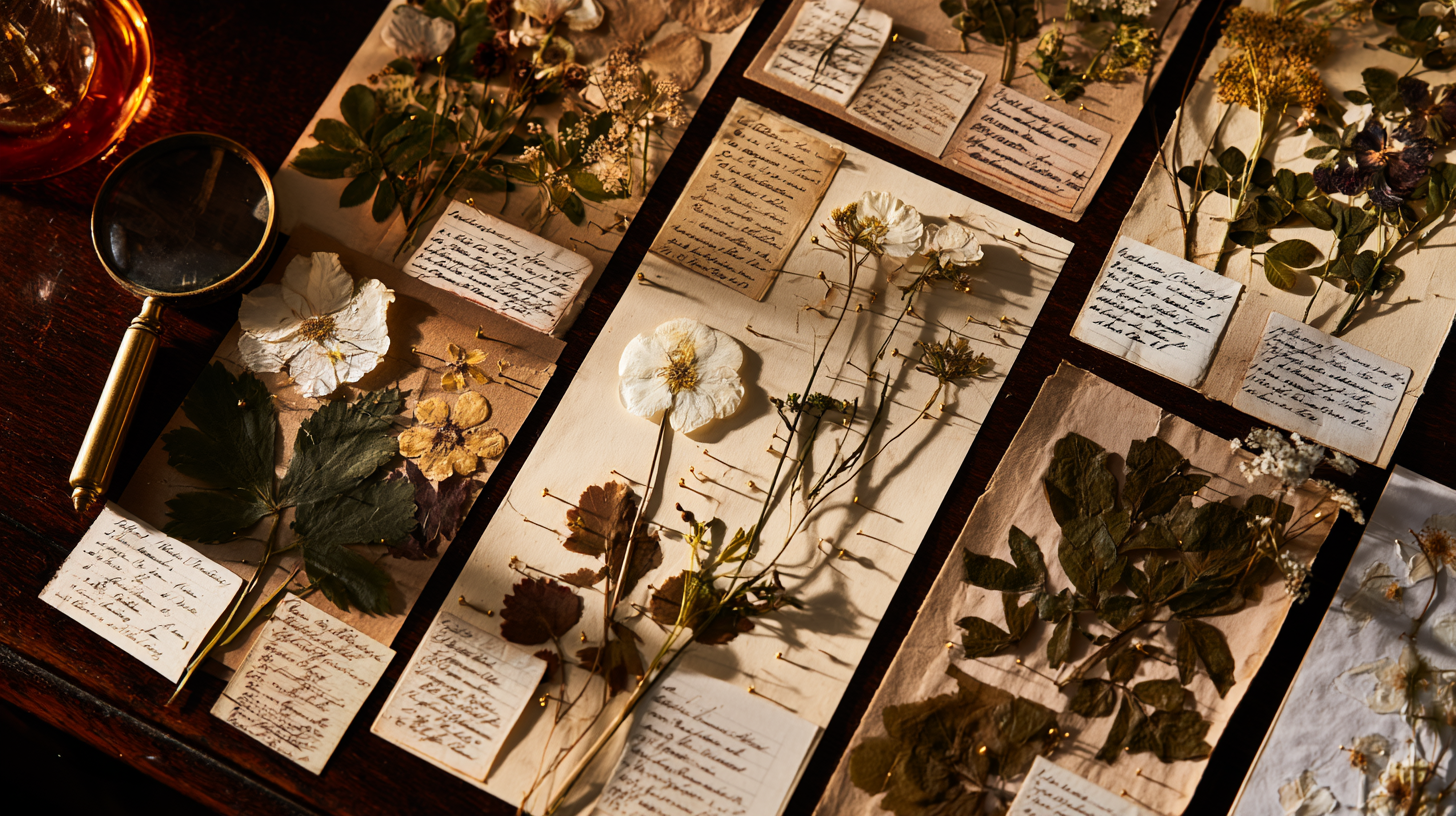 Flemish still life botanical specimens arranged on dark velvet, candlelight