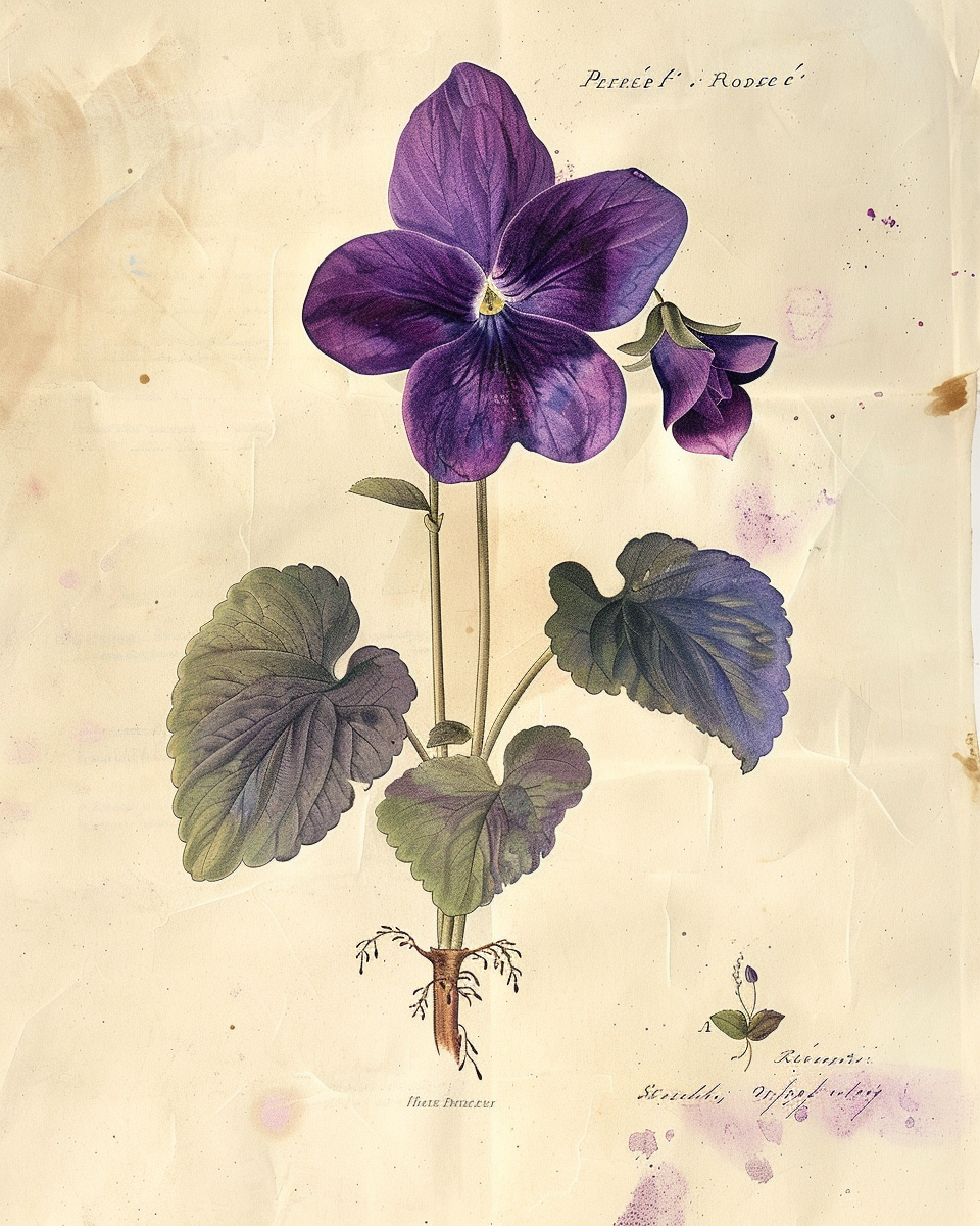 Viola odorata — Redouté style botanical illustration, purple violet with root system