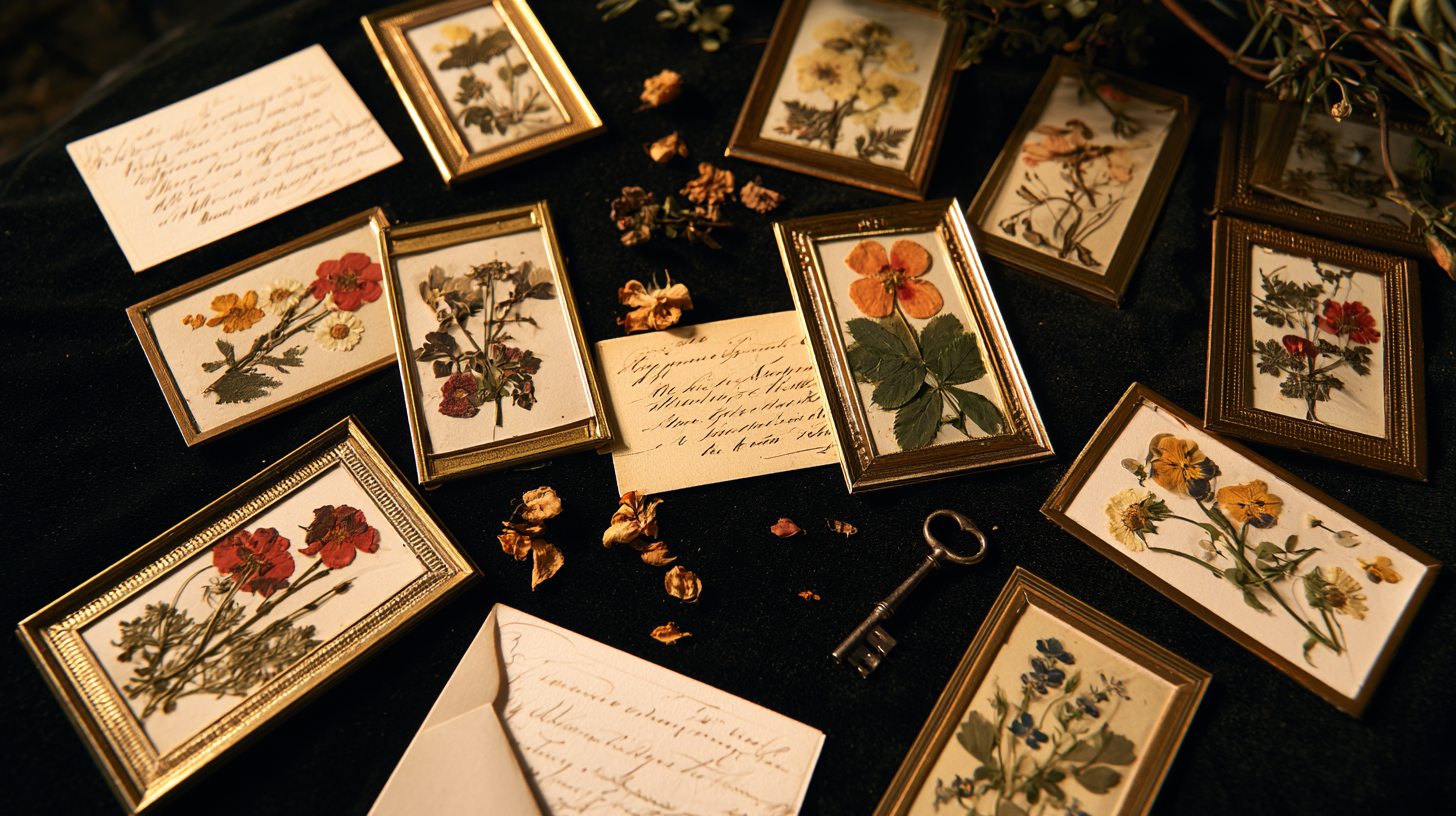 Victorian floriography calling cards laid on dark velvet with pressed flowers