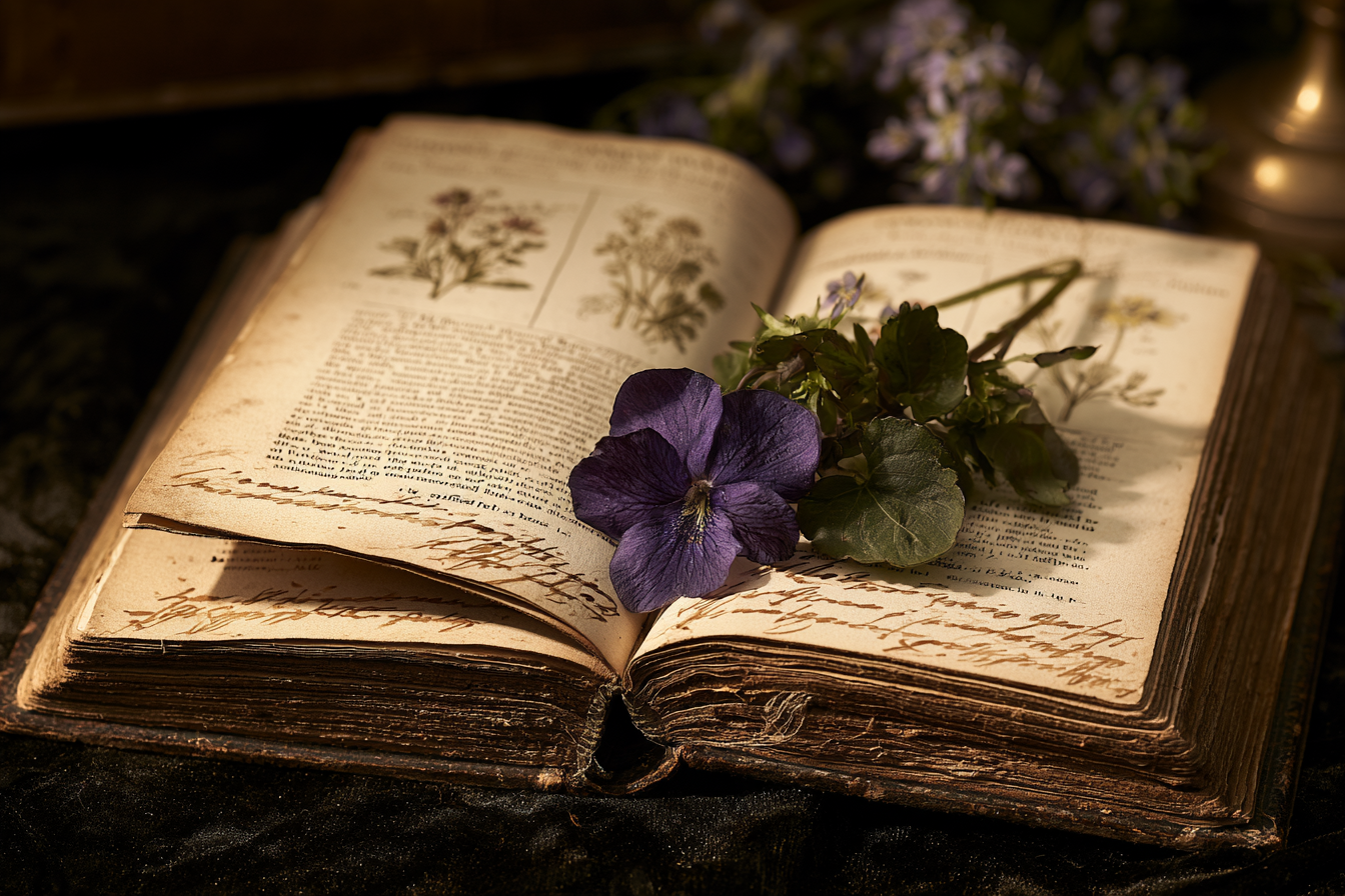 An open Victorian floriography dictionary beside a single pressed flower