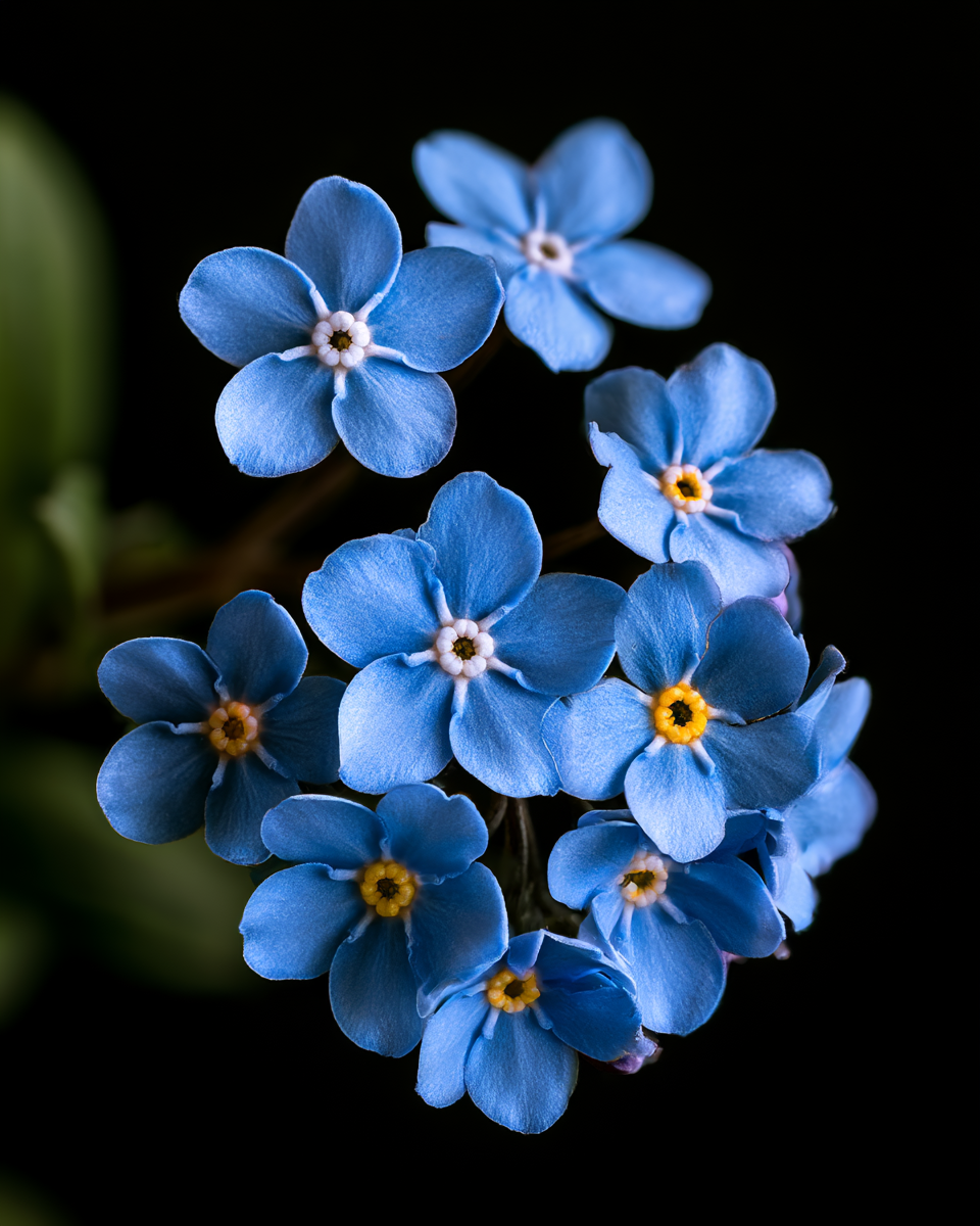 Forget-me-nots in a small glass bottle, dark background, warm light