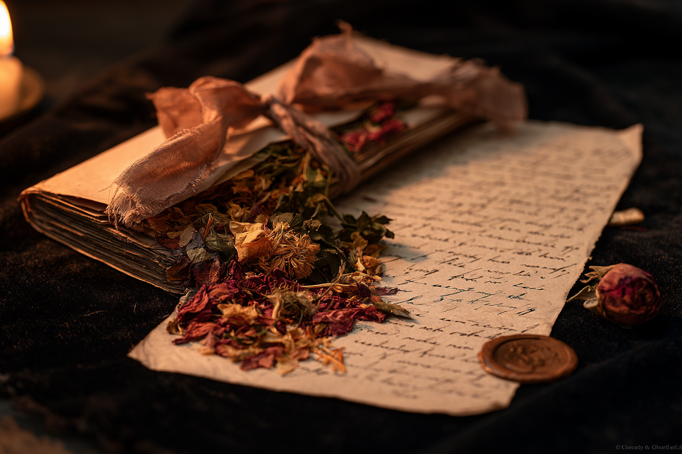 A handwritten letter with pressed flowers tucked into the folds, Victorian candlelight