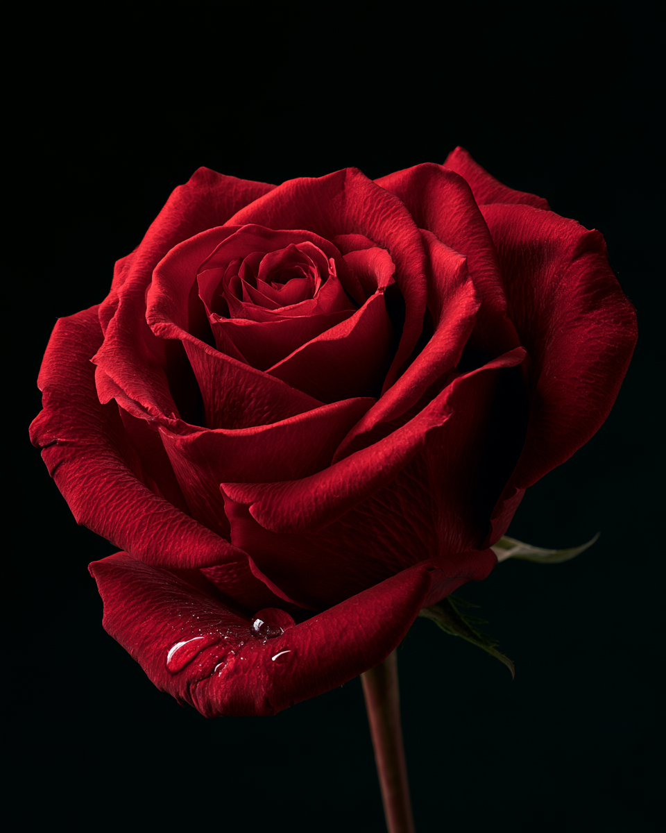 A red rose against near-black, candlelit, Victorian still life