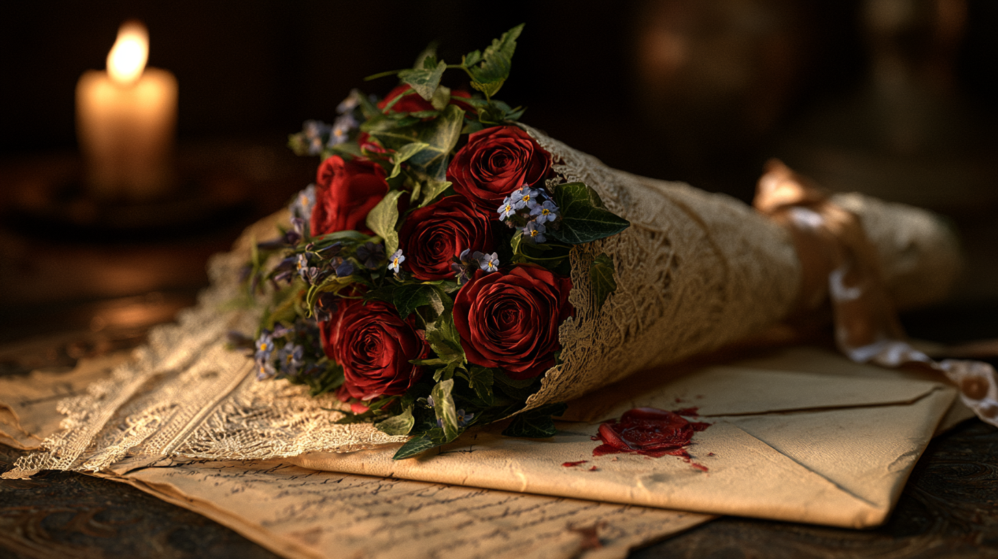 Close detail of a tussie-mussie, flowers pressed together in Victorian arrangement