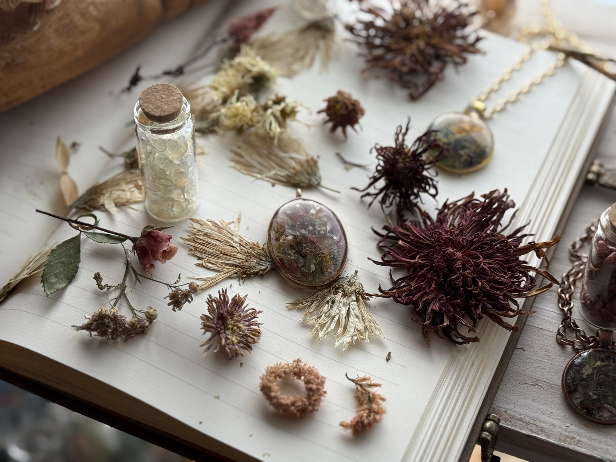 Dried botanicals, cork-stopped vials, and a botanical pendant arranged on a lined notebook page — the raw materials of the work