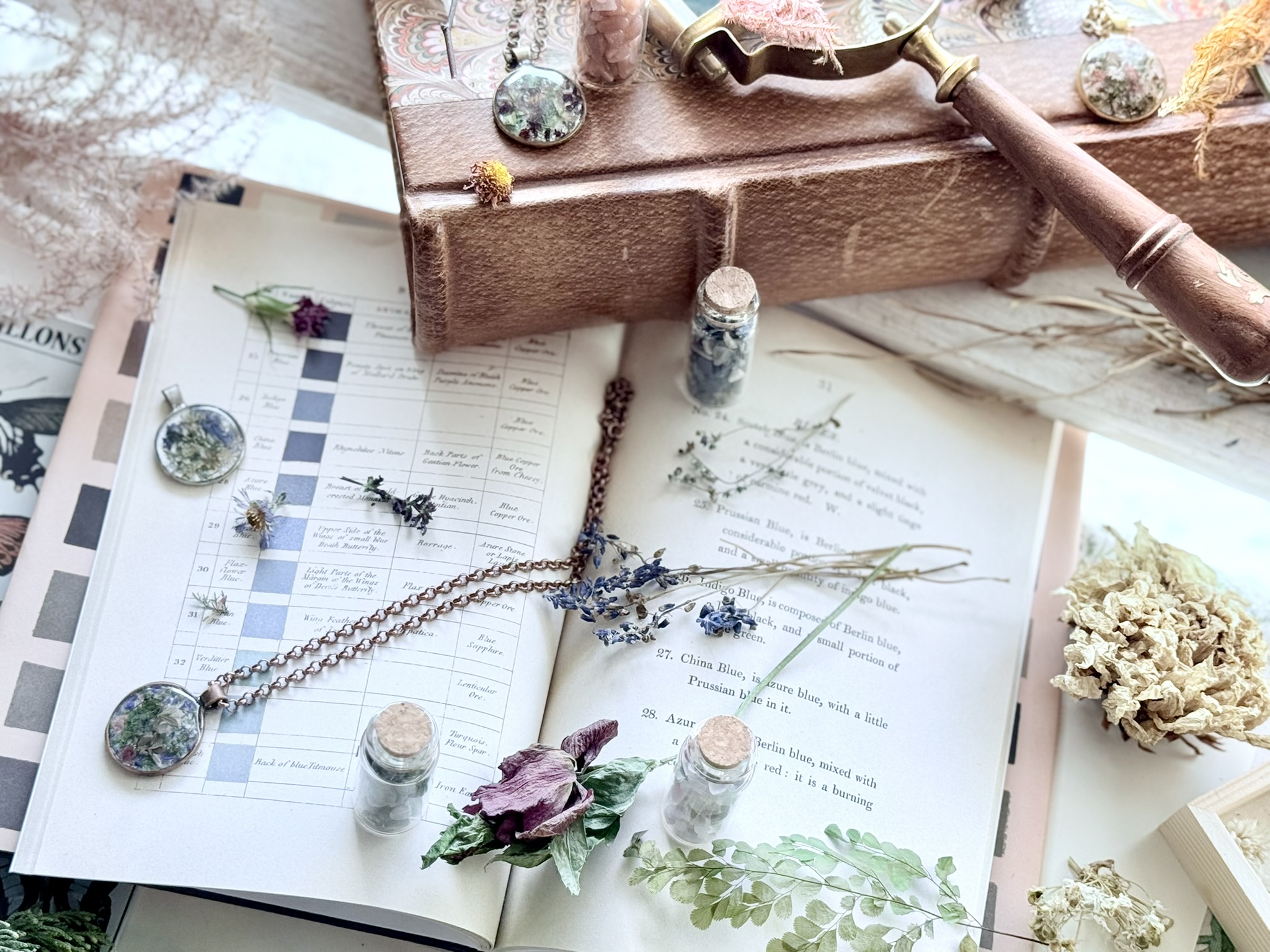 Botanical jewelry pieces laid across open color reference books and butterfly plates — the made thing alongside its source knowledge