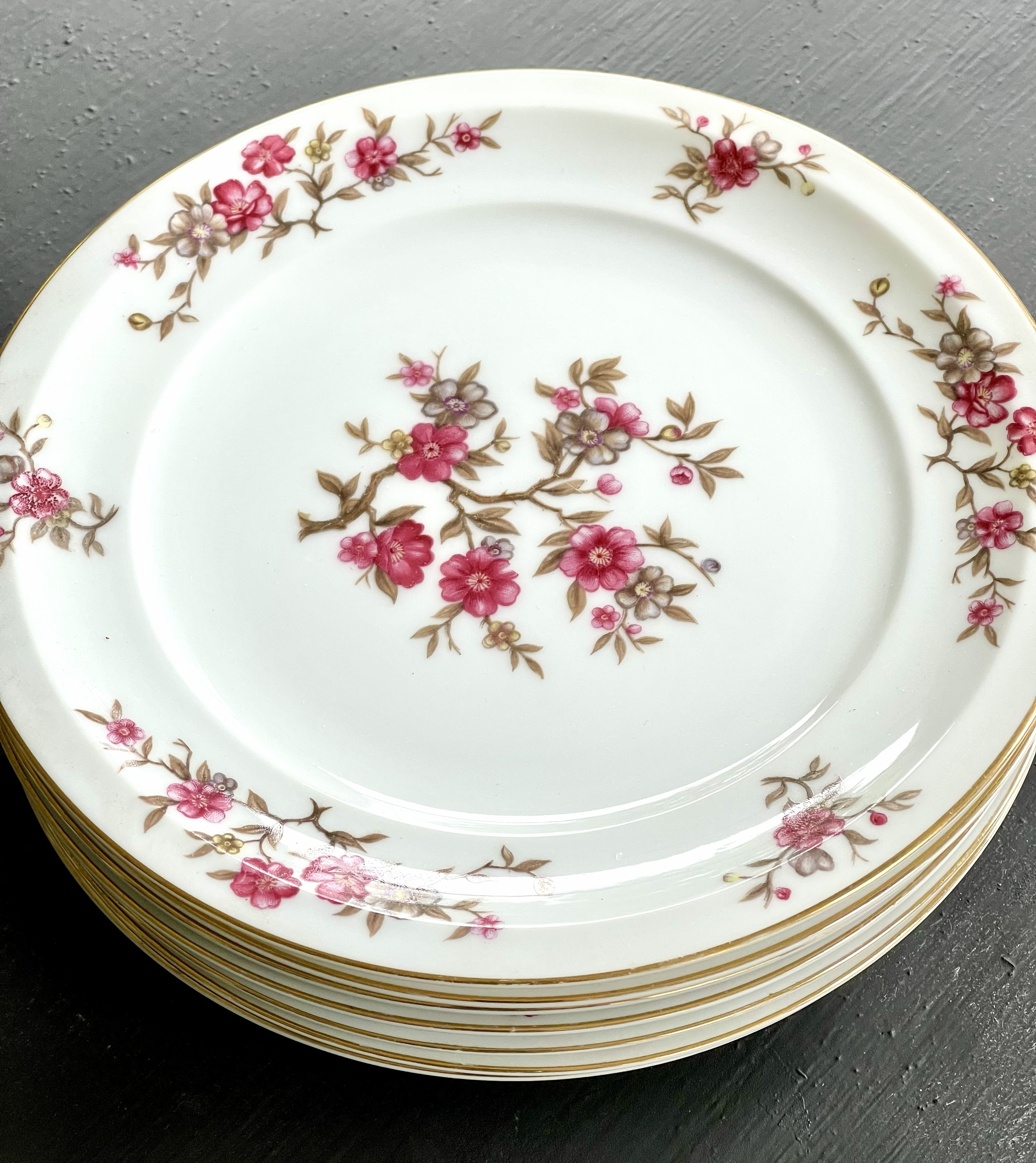 A deep stack of eight cherry blossom branch plates — white ground, pink blossoms trailing from center well to rim, gold edge repeating all the way down