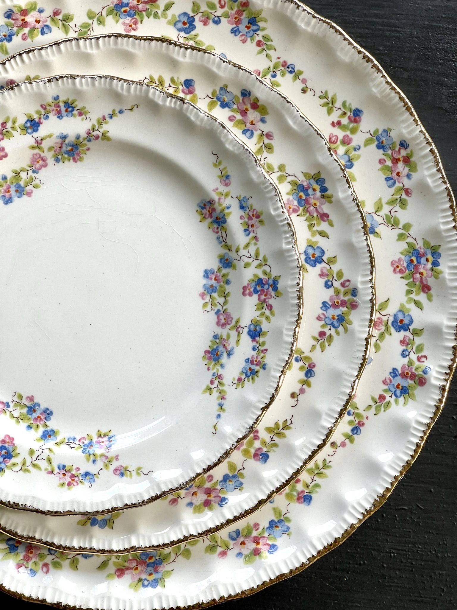 Princess by Minton — piecrust-edge plates with scattered blue and pink forget-me-nots covering the entire surface, showing fine hairline crazing from age and use