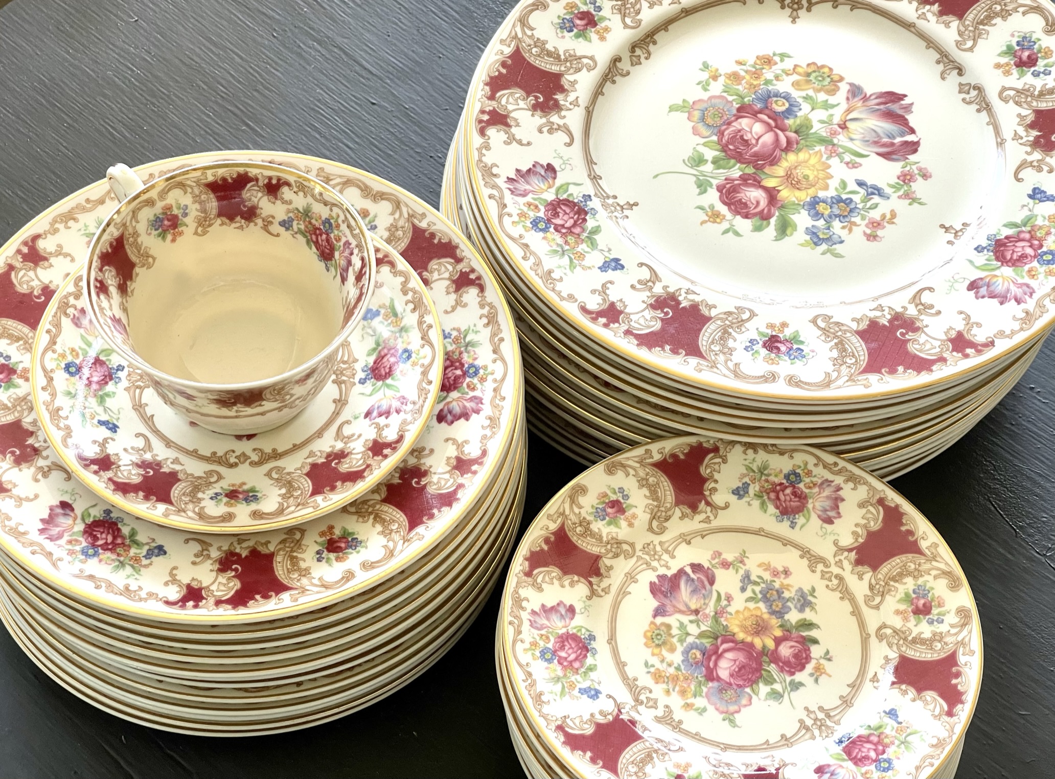 Romance in maroon — an American pattern with a deep maroon floral border in a rich, ceremonial colorway