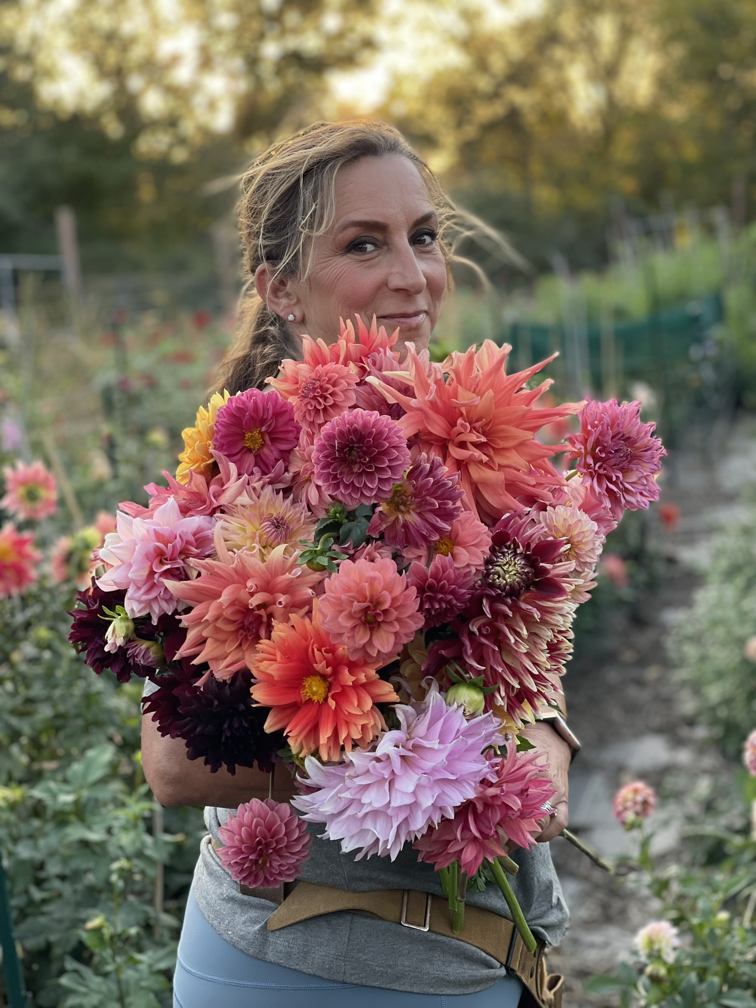 Luli at golden hour in the dahlia field, arms full of pink, orange and coral dahlias — harvest day before the magazine shoot