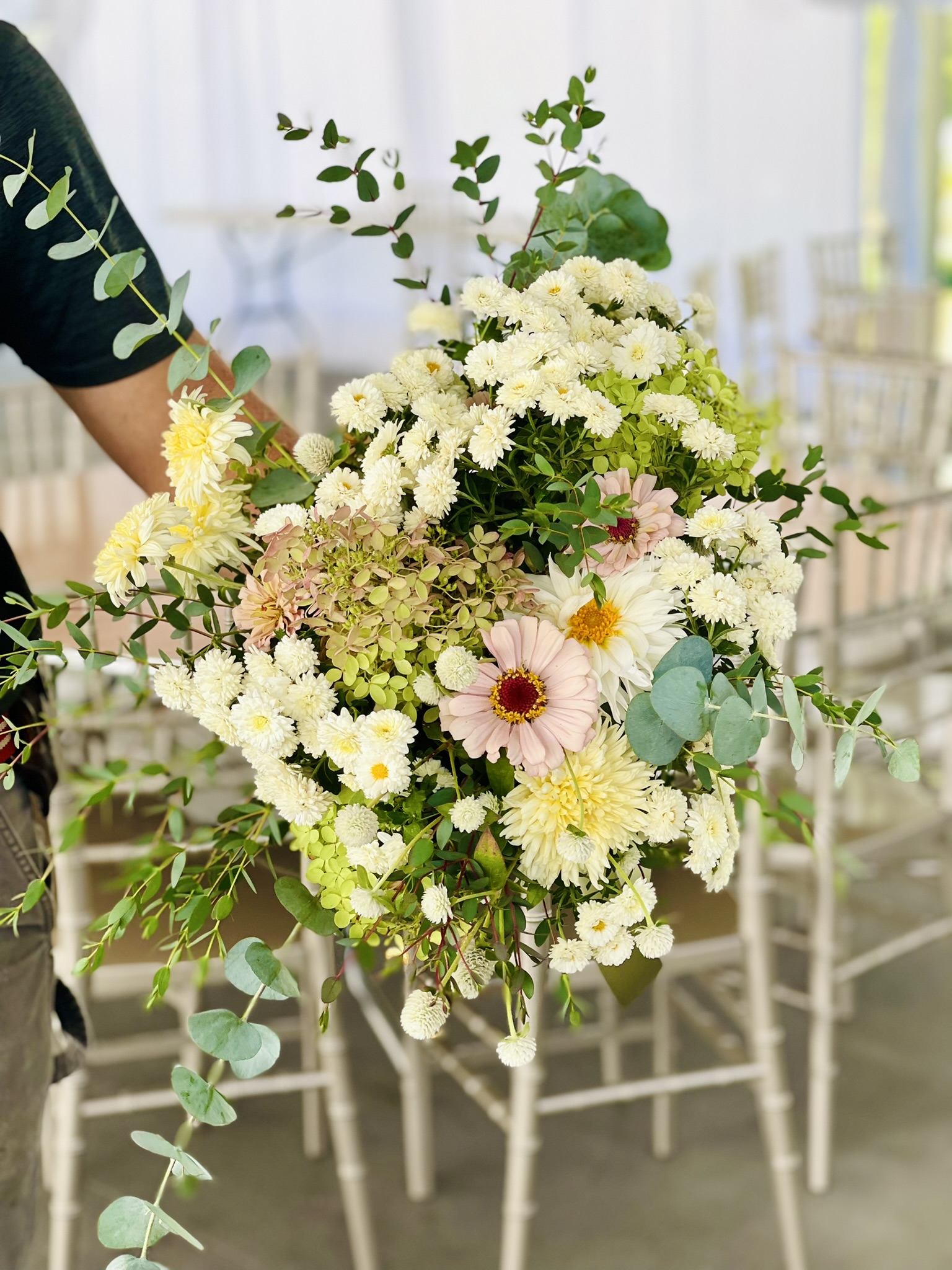 Lush white and cream bouquet — white button mums, gerbera, yellow dahlia and eucalyptus
