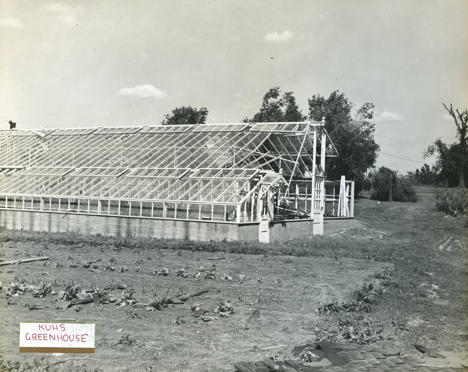 The greenhouse corner view after the tornado — debris on the ground, the entrance damaged, but the body of the building intact