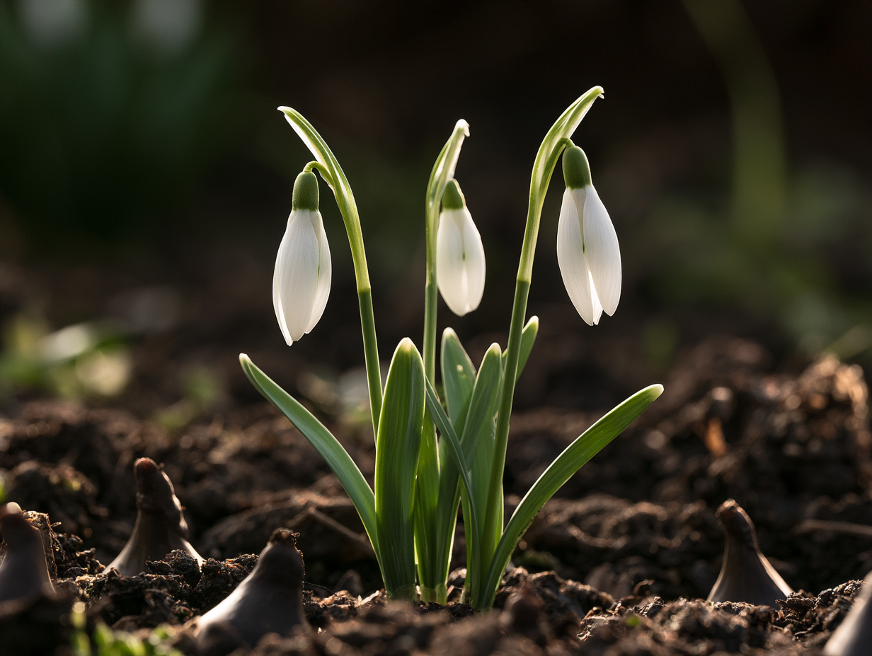 Snowdrops emerging from dark soil, backlit