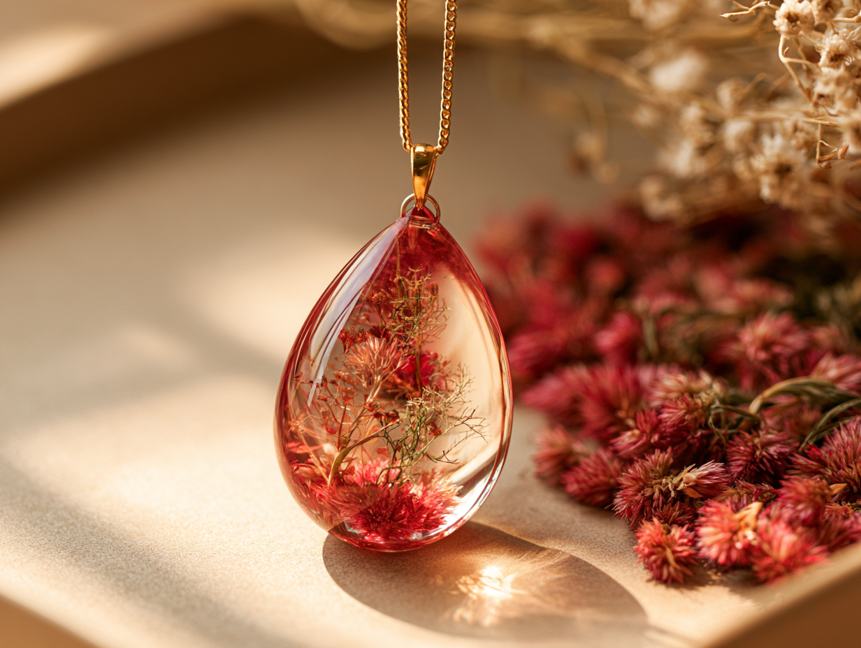 Resin pendant with celosia on gold chain, surrounded by dried blooms