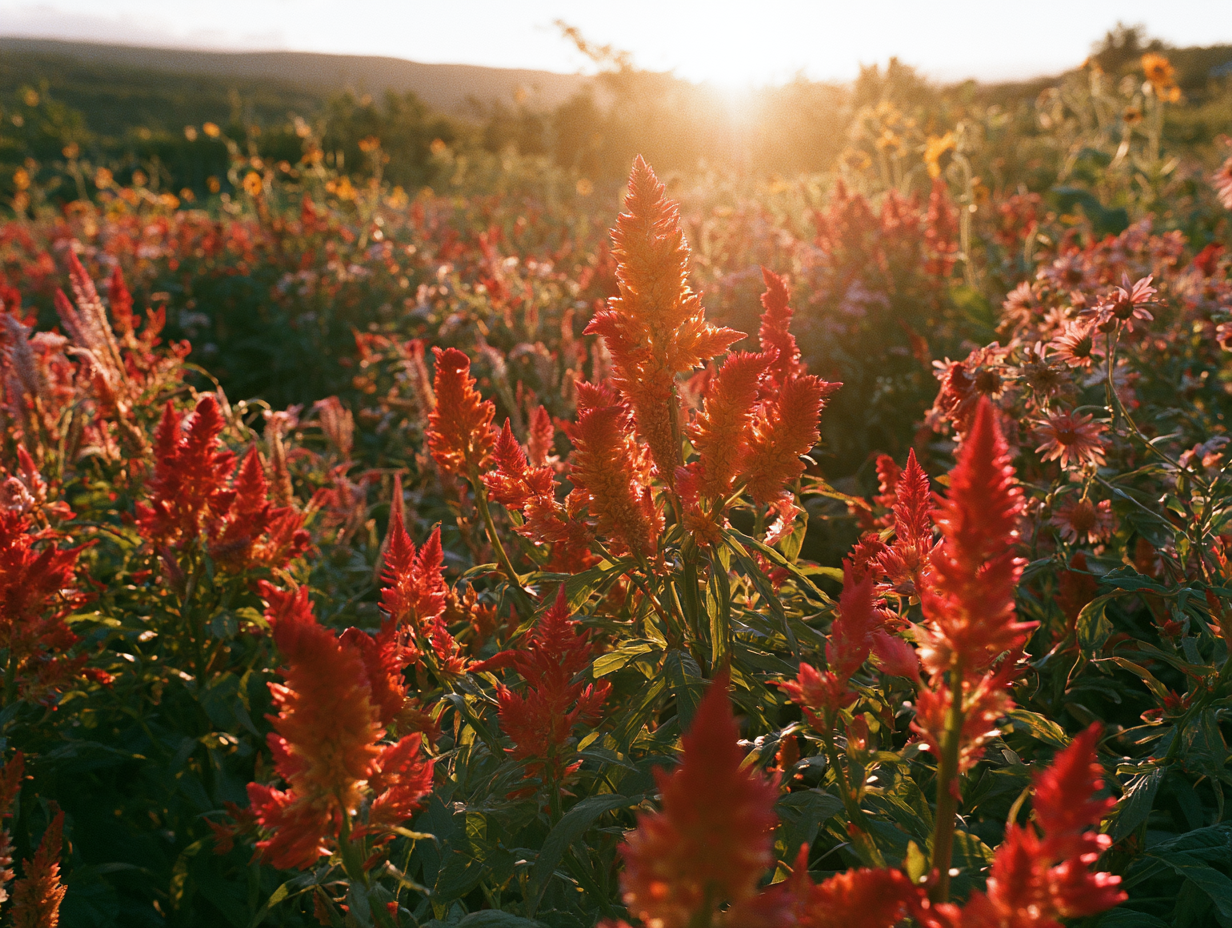 Celosia field at golden hour with sunflowers and coneflowers