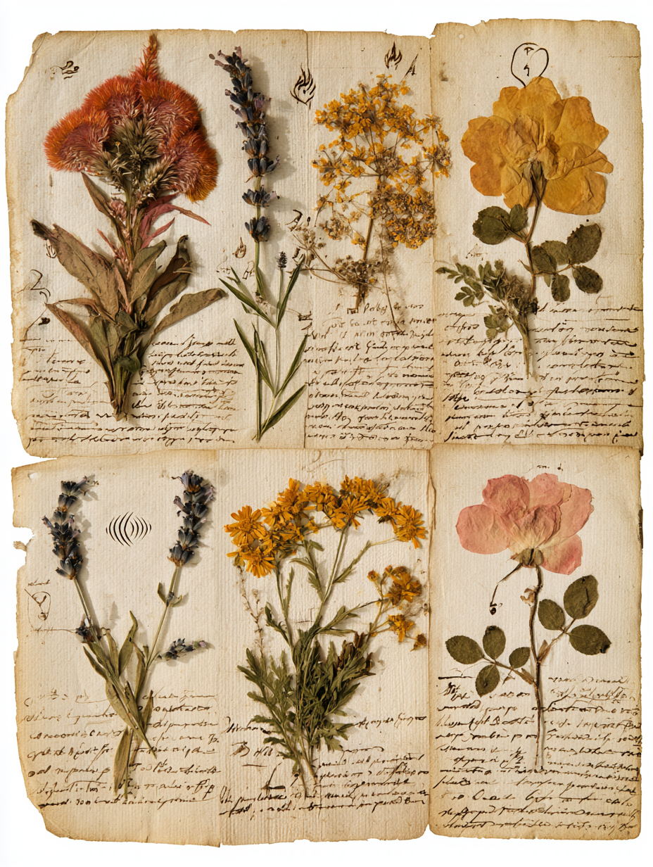 Annotated botanical manuscript pages with alchemical symbols