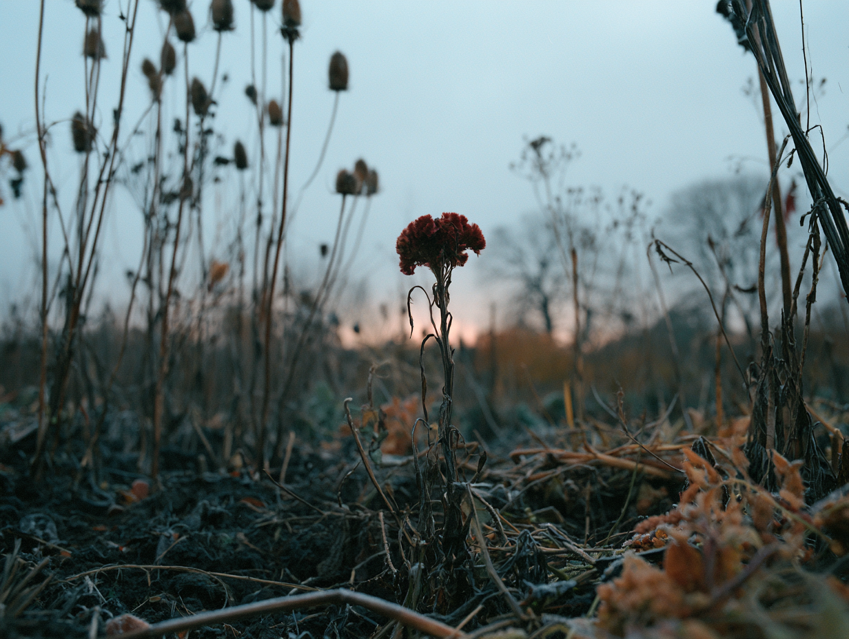 Celosia in frost field at dawn