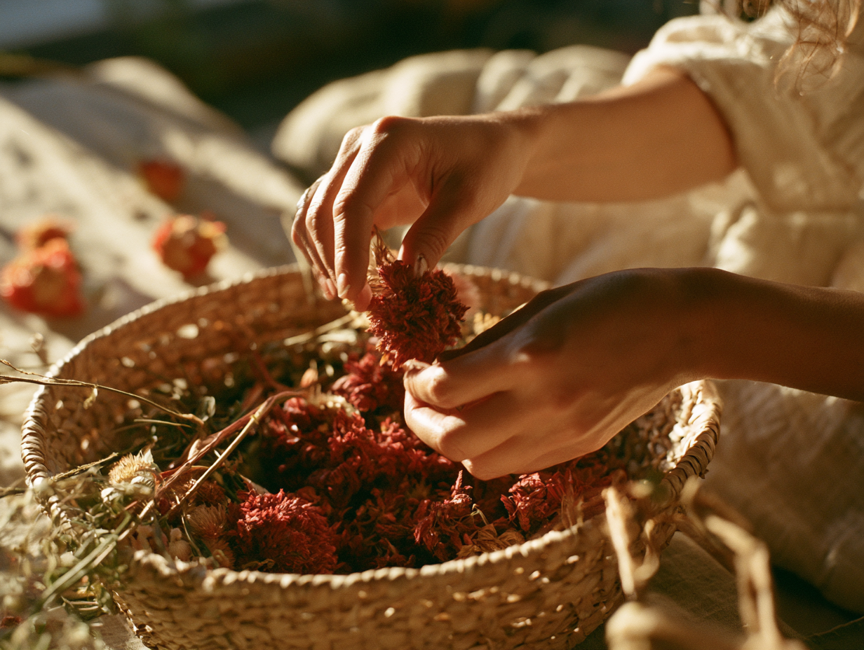 Hands working with celosia from harvest basket