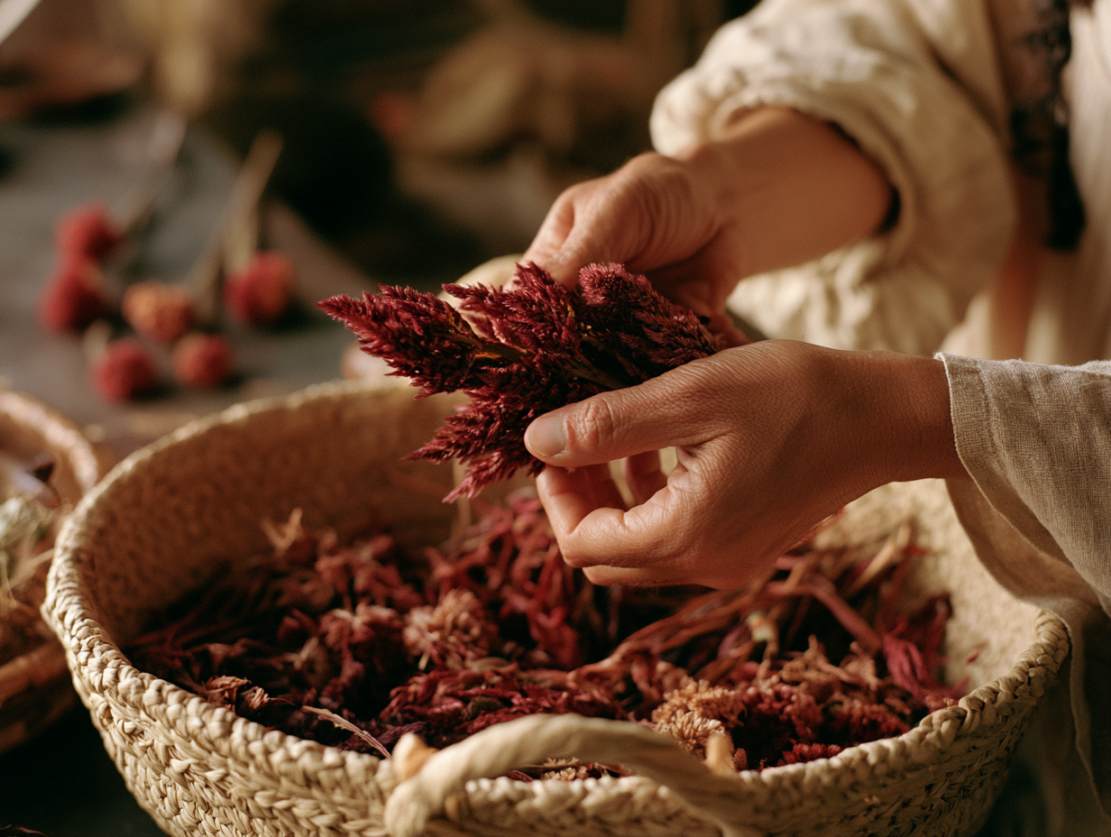 Hand holding dried celosia plume over harvest basket