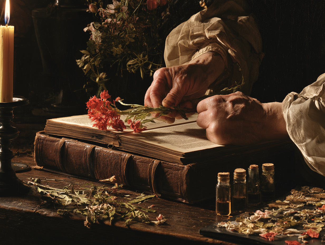 Hands placing celosia in open grimoire book
