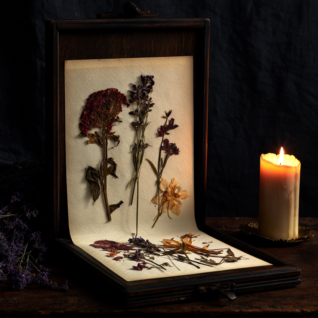 Bundles of dried botanicals hanging from barn rafters — celosia, goldenrod, lavender, amaranth — backlit by a single barn window