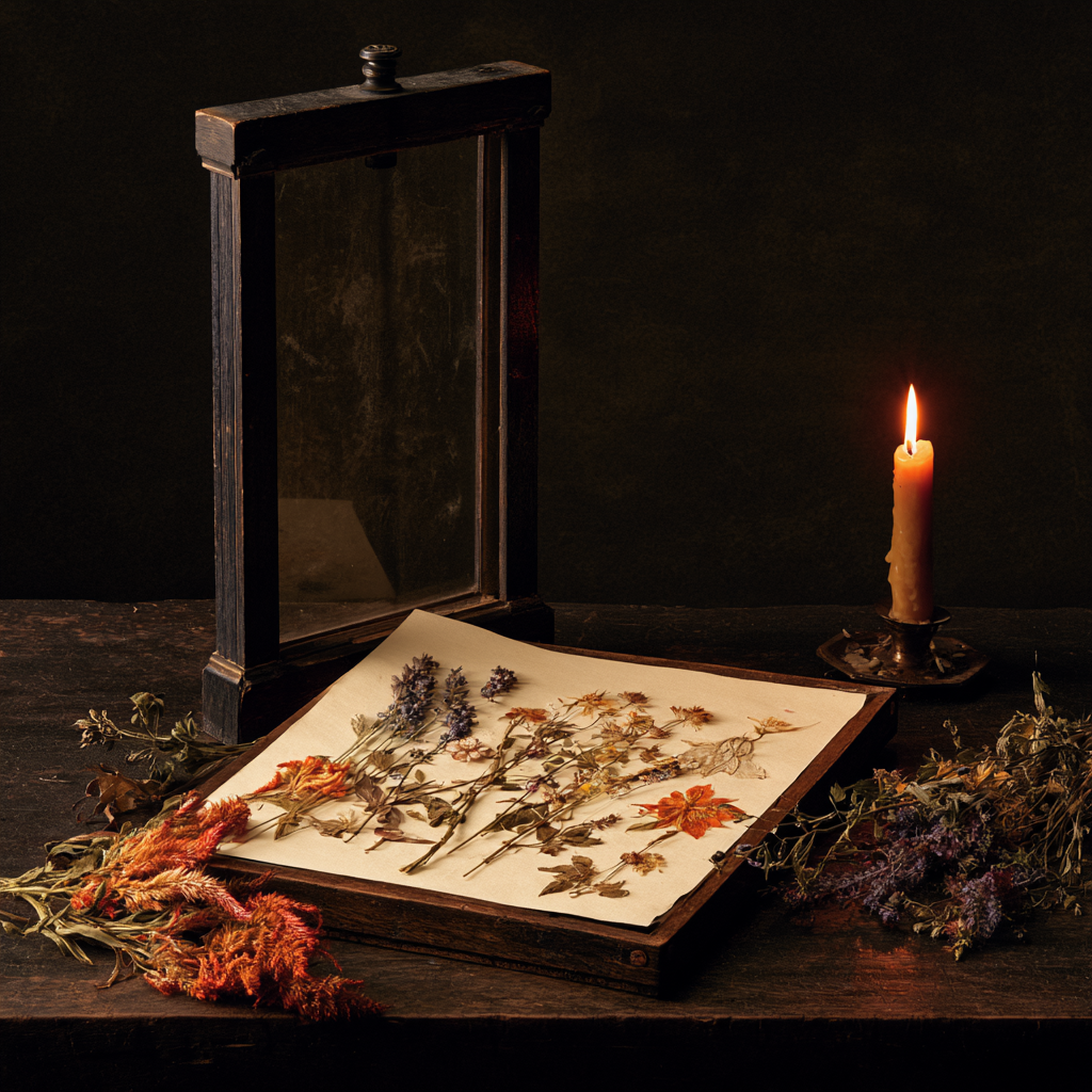 Hanging dried herb and flower bundles in a barn, lit from a side window — celosia reds, goldenrod yellows, lavender purple